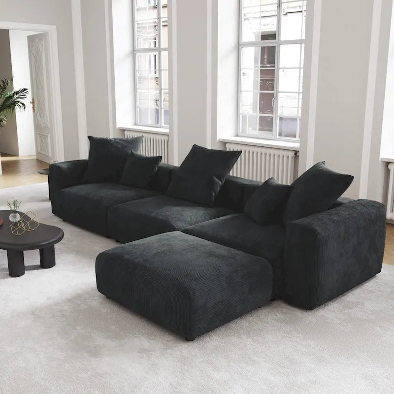 Black Corduroy Sectional Sofa Customized Sofa Couch with pillows.