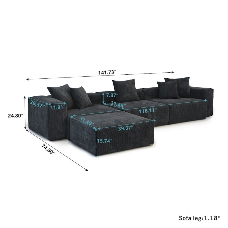Black Corduroy Sectional Sofa Customized Sofa Couch with pillows.