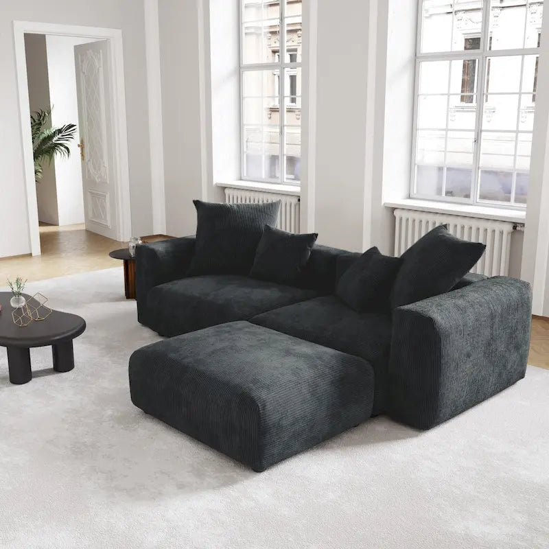 Black Corduroy Sectional Sofa Customized Sofa Couch with pillows.