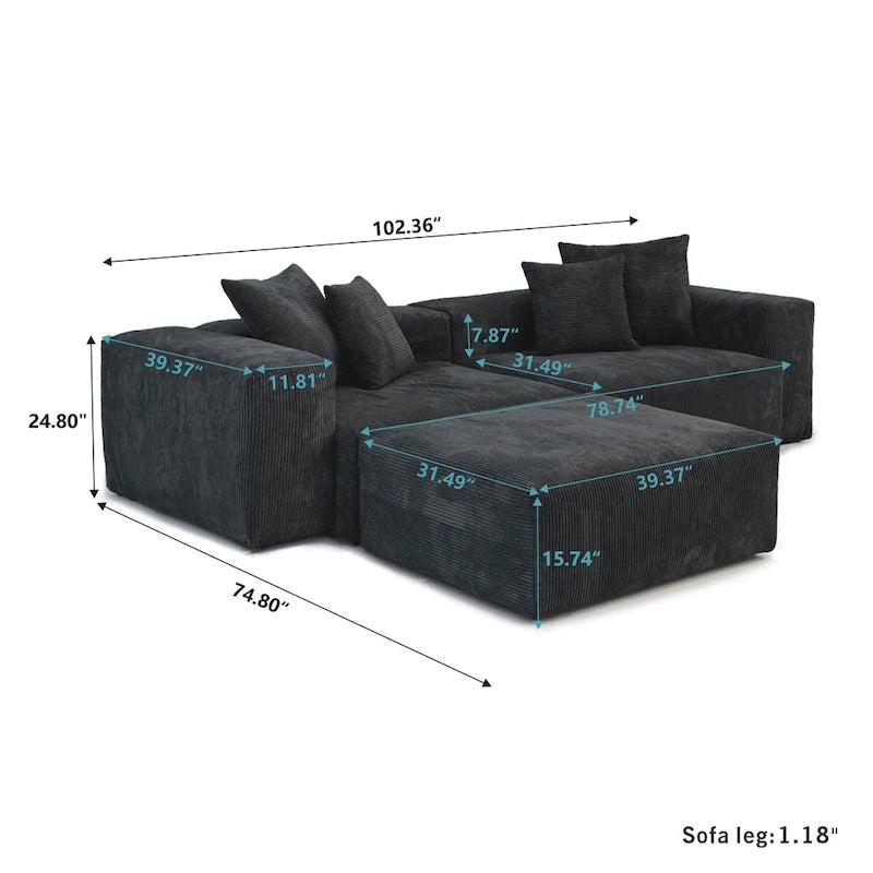 Black Corduroy Sectional Sofa Customized Sofa Couch with pillows.