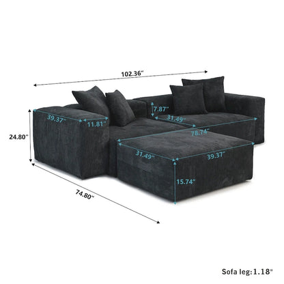 Black Corduroy Sectional Sofa Customized Sofa Couch with pillows.