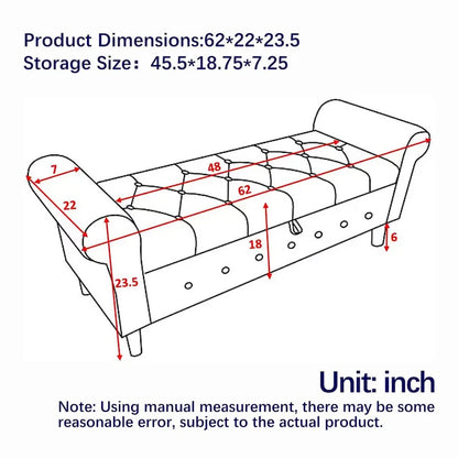 62 Bedroom Tufted Button Storage Bench, Window Bench, Rolled Arm Design for Bedroom, Living Room