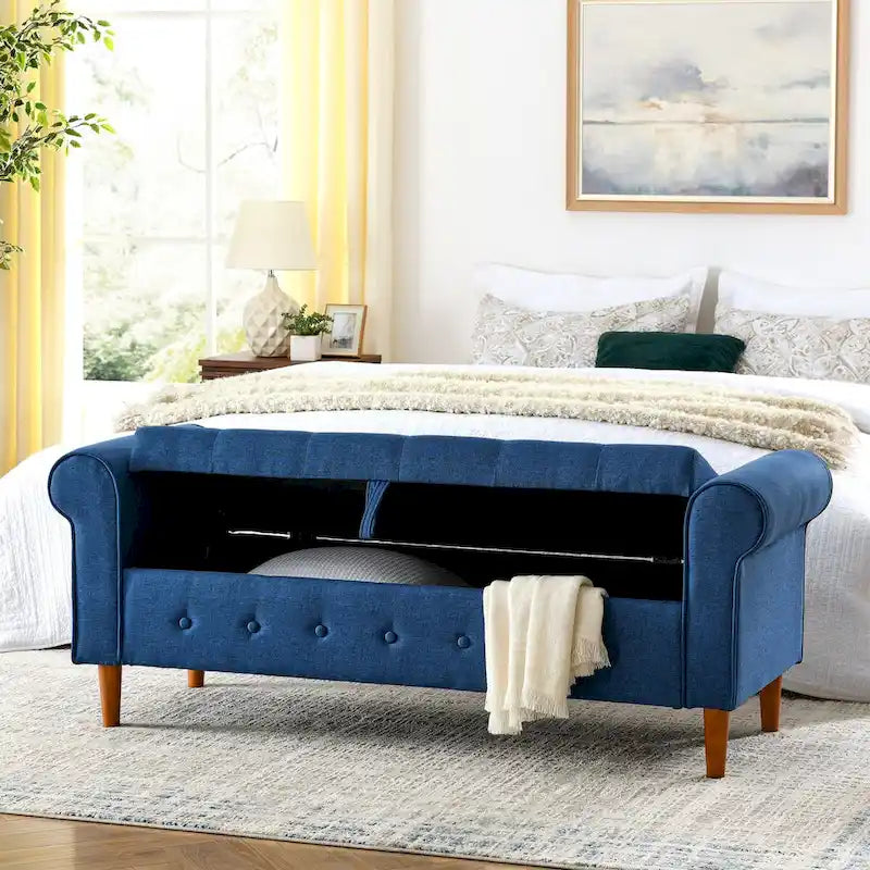 62 Bedroom Tufted Button Storage Bench, Window Bench, Rolled Arm Design for Bedroom, Living Room