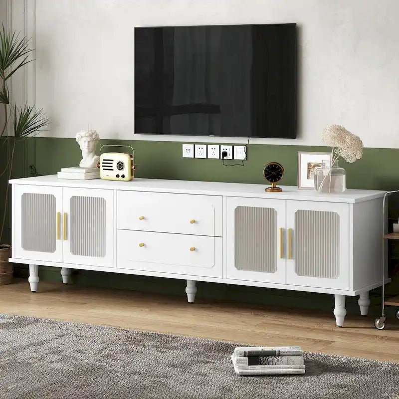 Retro TV Stand with Fluted Glass Doors for TVs Up to 78