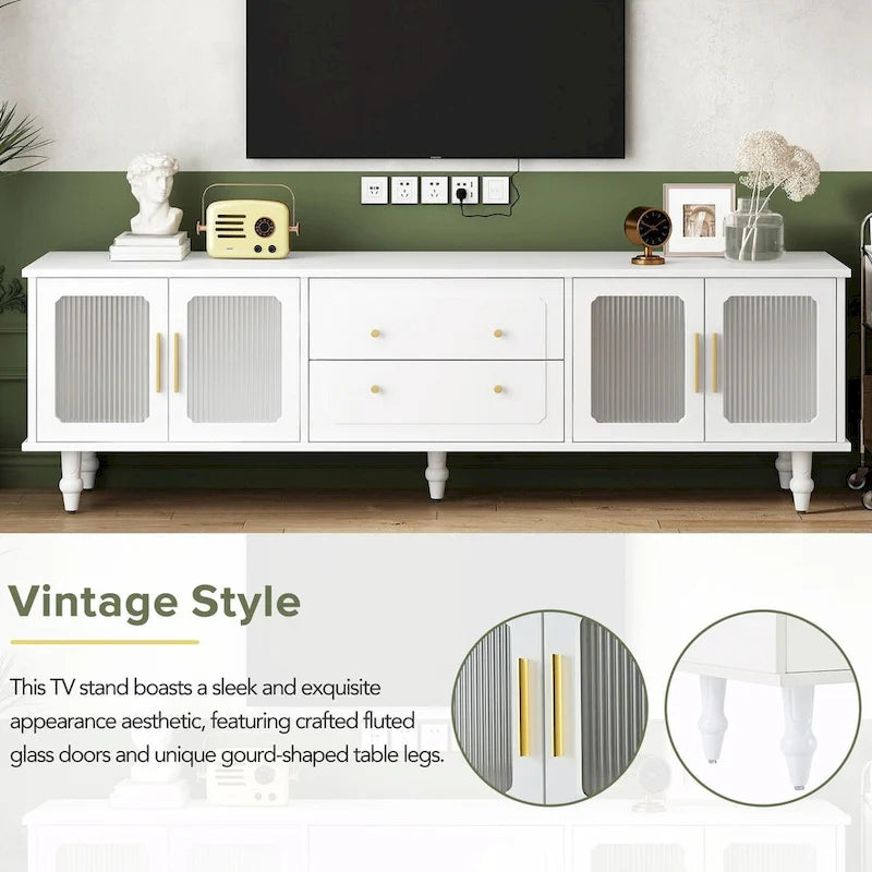 Retro TV Stand with Fluted Glass Doors for TVs Up to 78