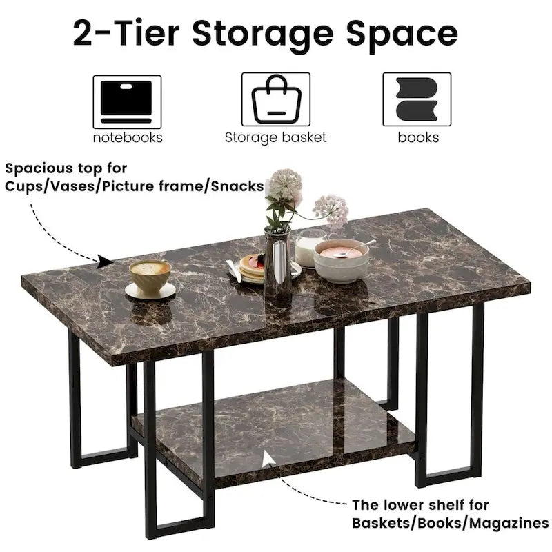 Mieres 39 Wide 2-Tier Faux Marble Top Coffee Table with Steel Frame