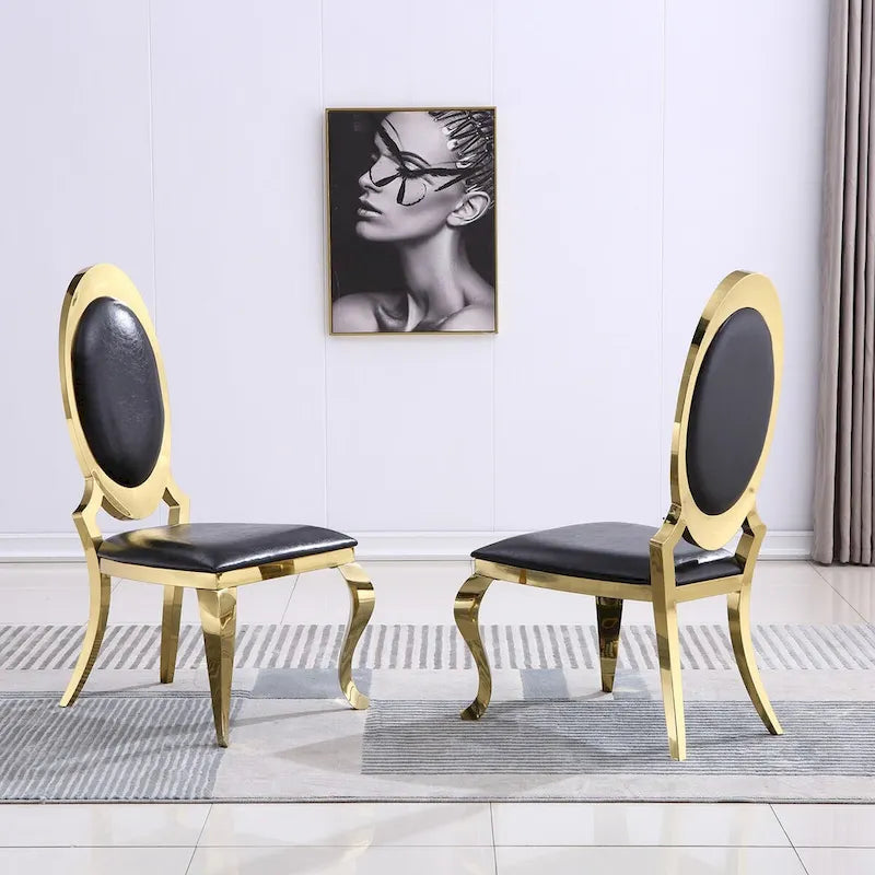 Luxury Black PU Leather Dining Chairs with Polished Gold Cabriole Legs