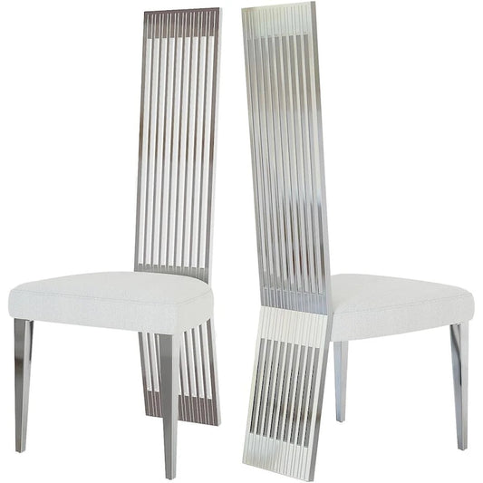 White Boucle and Silver Dining Chairs with Mirrored Silver Vertical Metal Tube Back