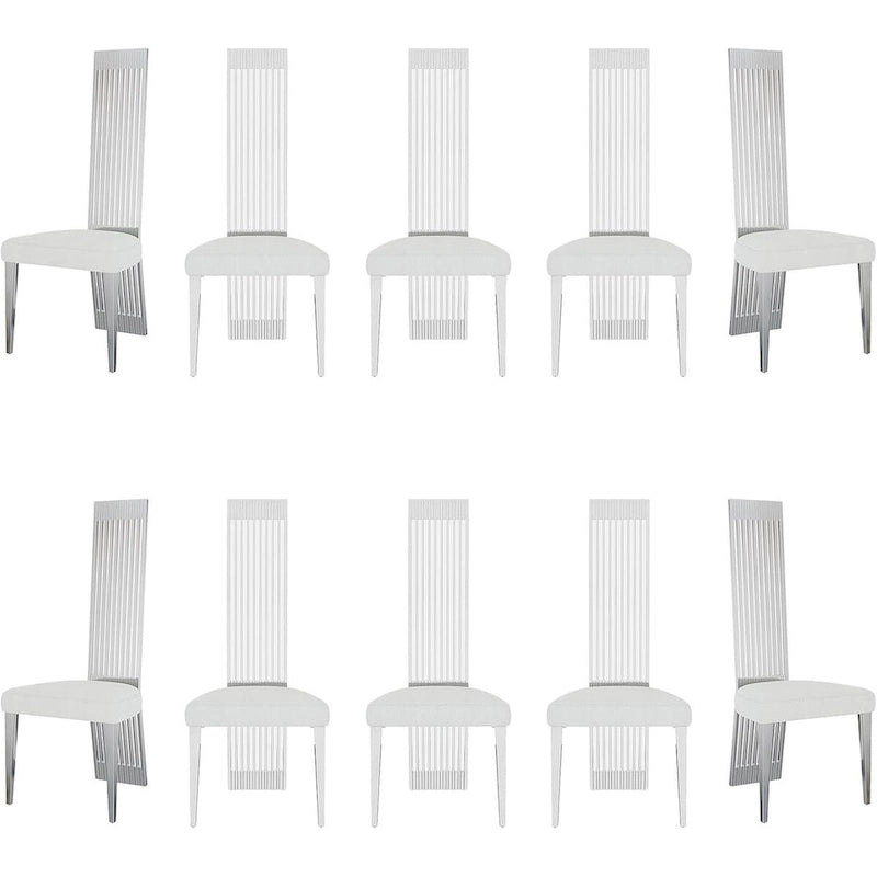 White Boucle and Silver Dining Chairs with Mirrored Silver Vertical Metal Tube Back