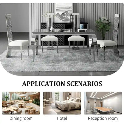 White Boucle and Silver Dining Chairs with Mirrored Silver Vertical Metal Tube Back