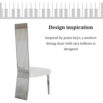 White Boucle and Silver Dining Chairs with Mirrored Silver Vertical Metal Tube Back