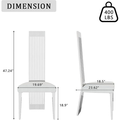 White Boucle and Silver Dining Chairs with Mirrored Silver Vertical Metal Tube Back