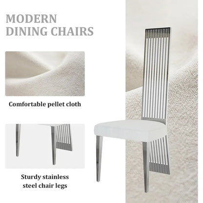 White Boucle and Silver Dining Chairs with Mirrored Silver Vertical Metal Tube Back