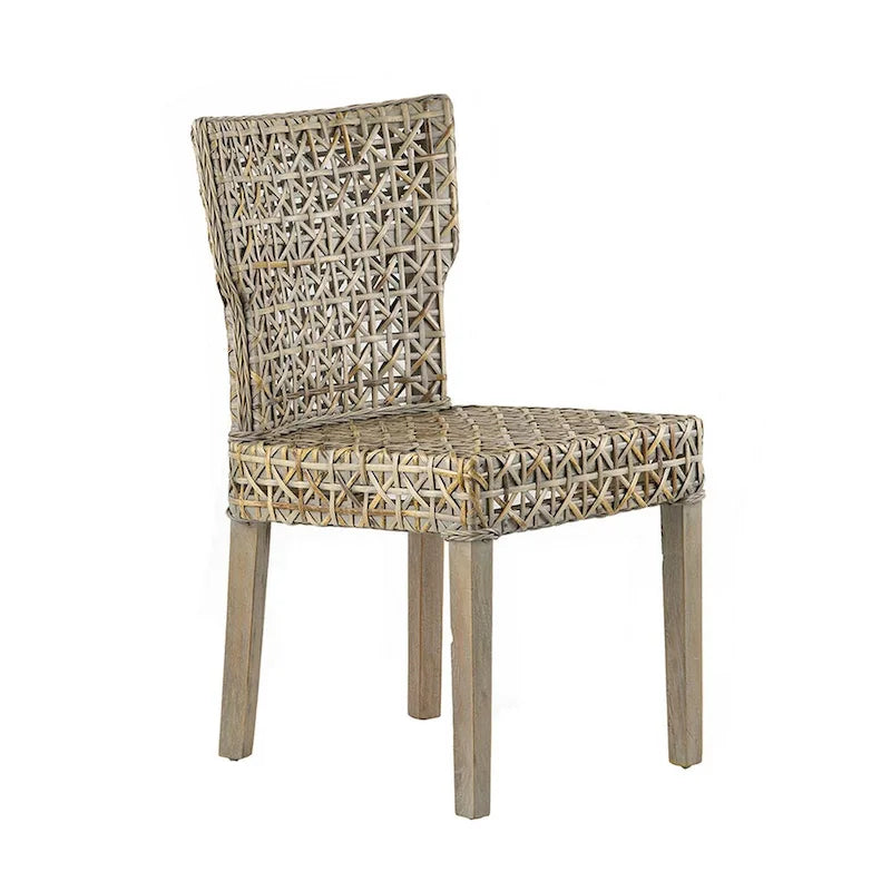 22 Inch Side Dining Chair, Woven Rattan Backrest and Seat, Weathered Gray