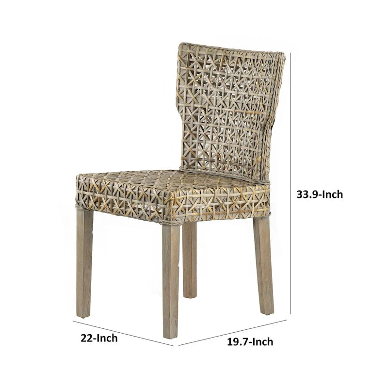22 Inch Side Dining Chair, Woven Rattan Backrest and Seat, Weathered Gray