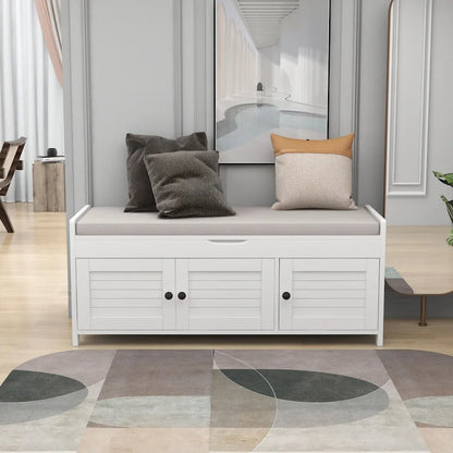 3 Doors Storage Bench with Removable Cushion and Hidden Storage Space