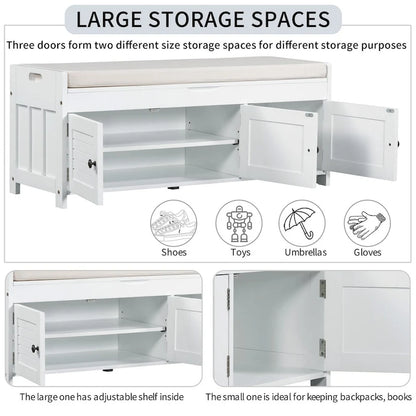 3 Doors Storage Bench with Removable Cushion and Hidden Storage Space