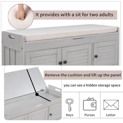 3 Doors Storage Bench with Removable Cushion and Hidden Storage Space