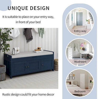 3 Doors Storage Bench with Removable Cushion and Hidden Storage Space