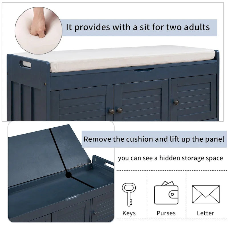 3 Doors Storage Bench with Removable Cushion and Hidden Storage Space