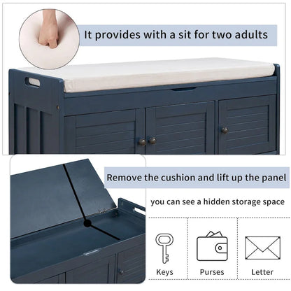 3 Doors Storage Bench with Removable Cushion and Hidden Storage Space