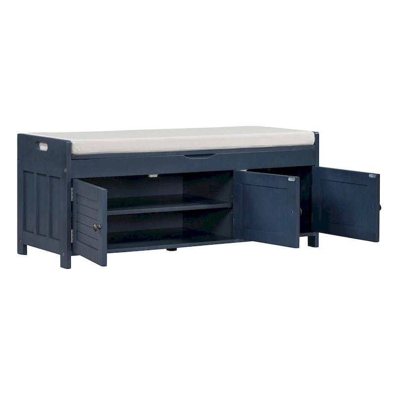 3 Doors Storage Bench with Removable Cushion and Hidden Storage Space