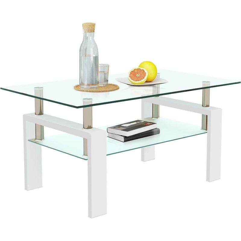 Rectangle Coffee Table Glass Tabletop with Lower Shelf