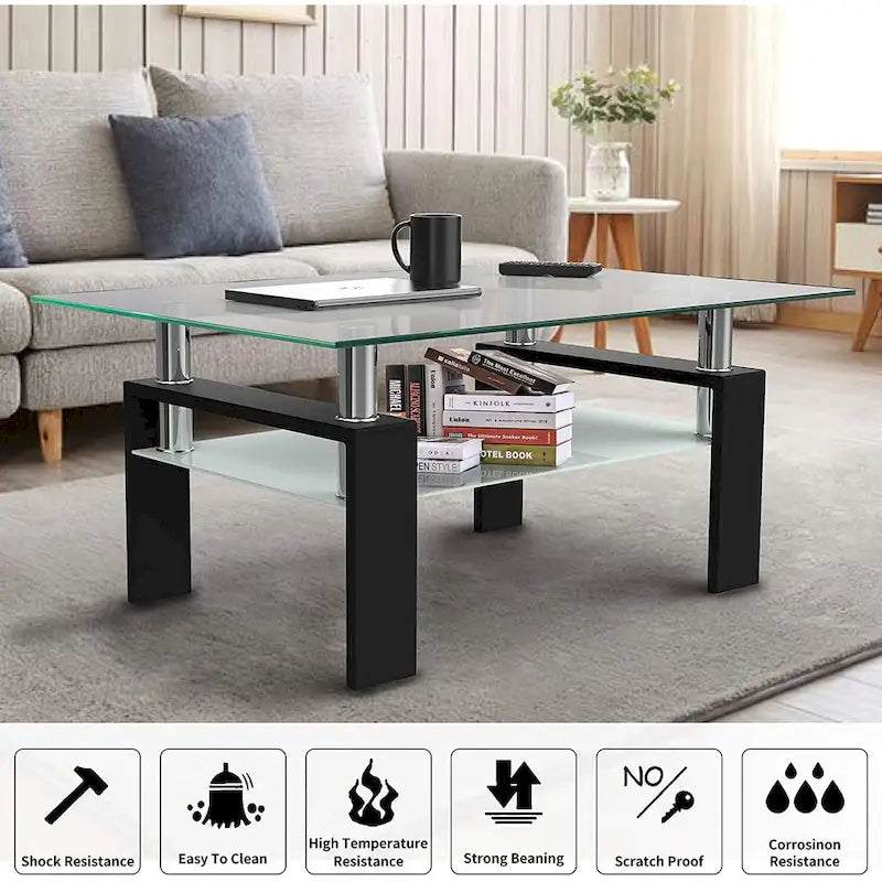 Rectangle Coffee Table Glass Tabletop with Lower Shelf
