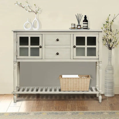 Vintage French Wooden Console Table with Two Glass Cabinet Doors