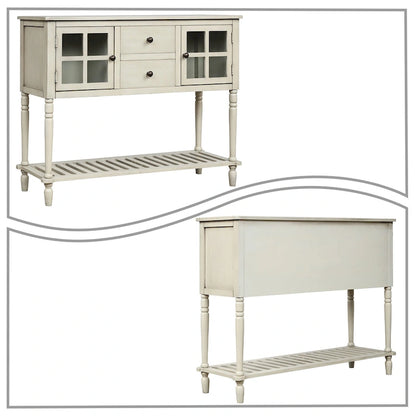 Vintage French Wooden Console Table with Two Glass Cabinet Doors