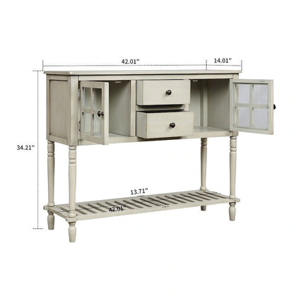 Vintage French Wooden Console Table with Two Glass Cabinet Doors