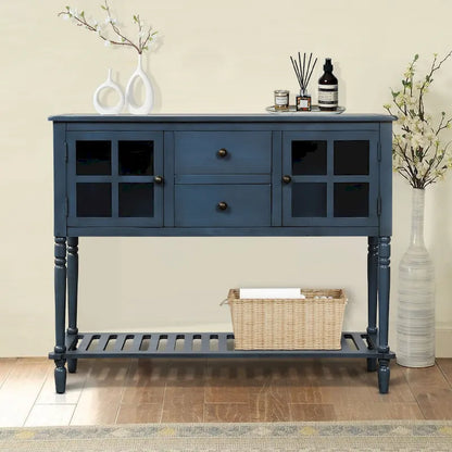 Vintage French Wooden Console Table with Two Glass Cabinet Doors