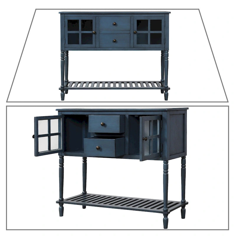 Vintage French Wooden Console Table with Two Glass Cabinet Doors