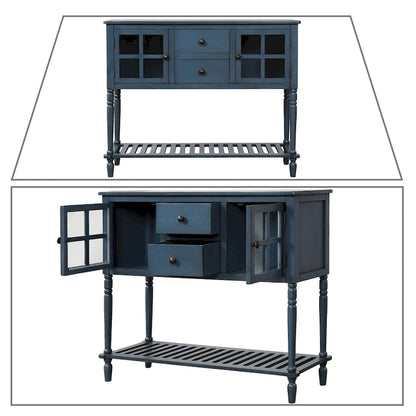 Vintage French Wooden Console Table with Two Glass Cabinet Doors