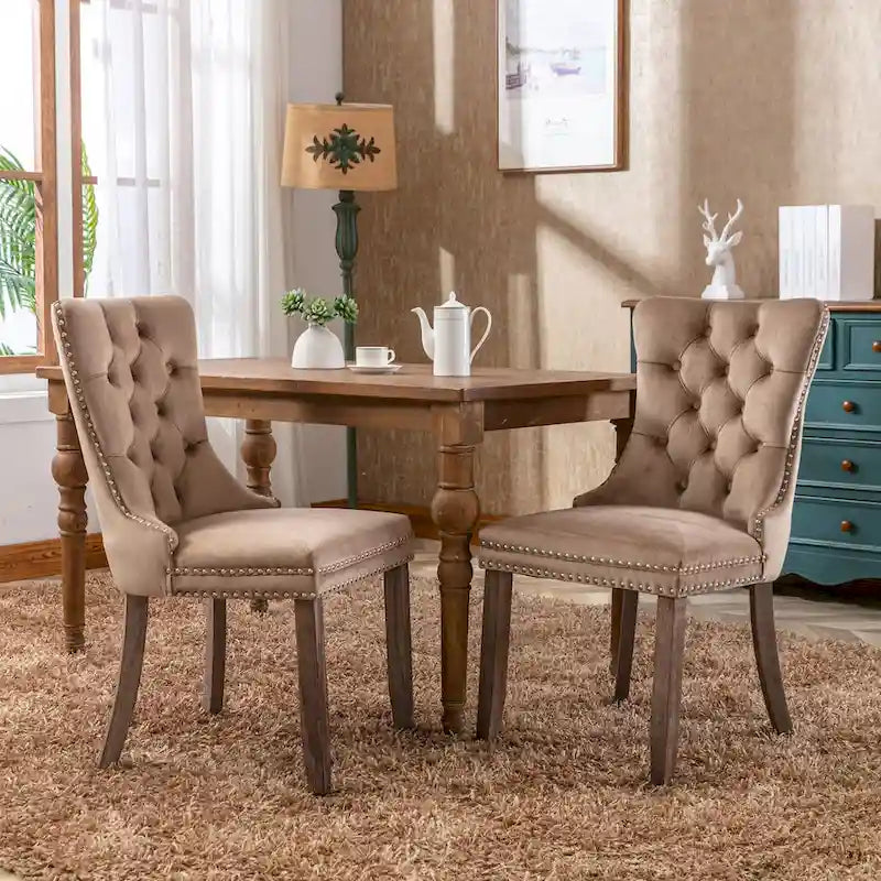 High-end Tufted Solid Wood Contemporary Velvet Upholstered Dining Chair with Wood Legs Nailhead Trim 2-Pcs Set