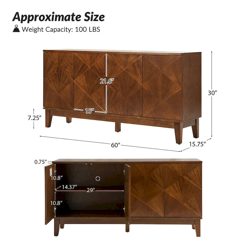 Ofelia Mid-century 60 Wide Geometric Patterned Sideboard with Adjustable Shelves by HULALA HOME