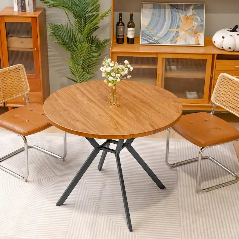 Grondin Modern Farmhouse Style 38.6 Round Dining Table with 1.18 Thick MDF Tabletop and Pedestal Cross Metal Legs