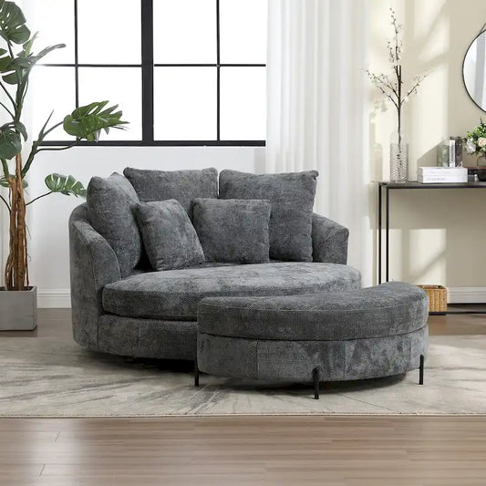 Modern Sofa Chair Round Accent Barrel Chair With 5 Pillows and Optional Ottoman