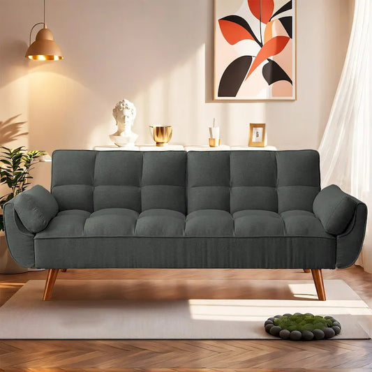 75.39 INCH Futon Sofa Bed, Convertible Folding Futon Couch Recliner Lounge For Living Room With 2 Pillow/Armrest