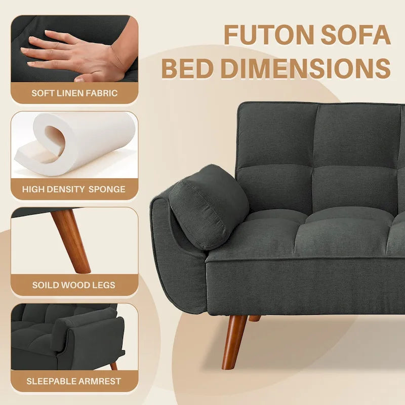 75.39 INCH Futon Sofa Bed, Convertible Folding Futon Couch Recliner Lounge For Living Room With 2 Pillow/Armrest