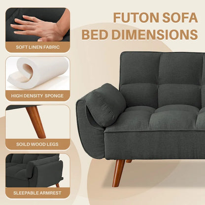 75.39 INCH Futon Sofa Bed, Convertible Folding Futon Couch Recliner Lounge For Living Room With 2 Pillow/Armrest