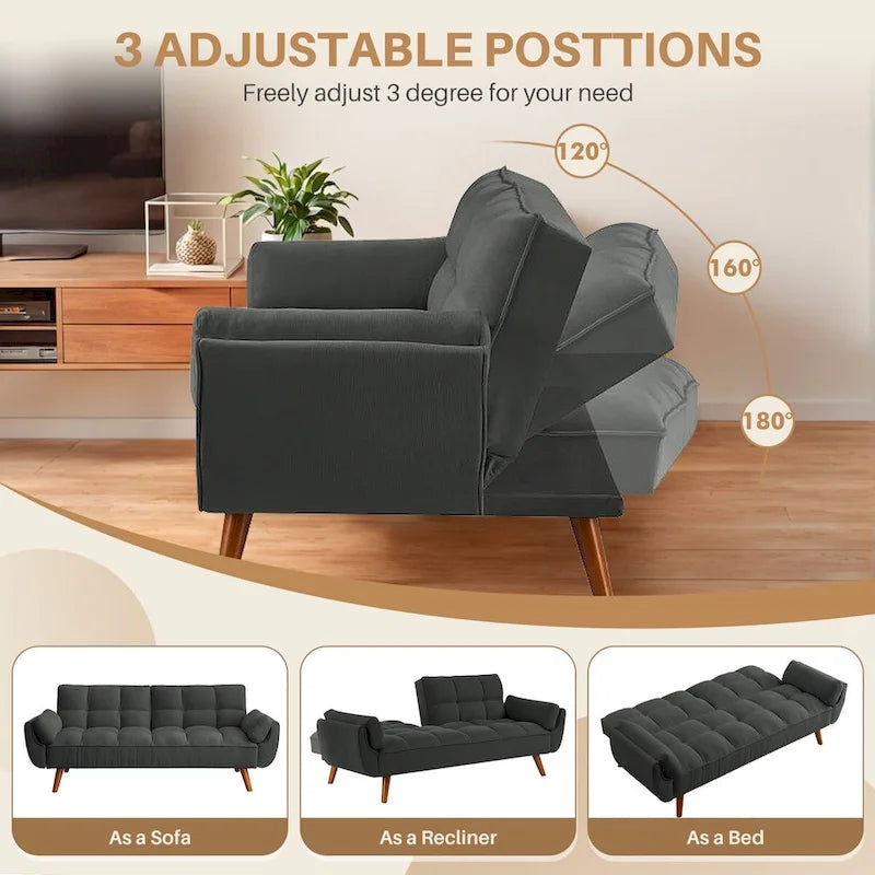 75.39 INCH Futon Sofa Bed, Convertible Folding Futon Couch Recliner Lounge For Living Room With 2 Pillow/Armrest