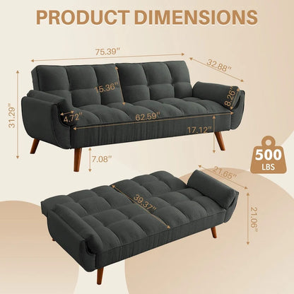 75.39 INCH Futon Sofa Bed, Convertible Folding Futon Couch Recliner Lounge For Living Room With 2 Pillow/Armrest