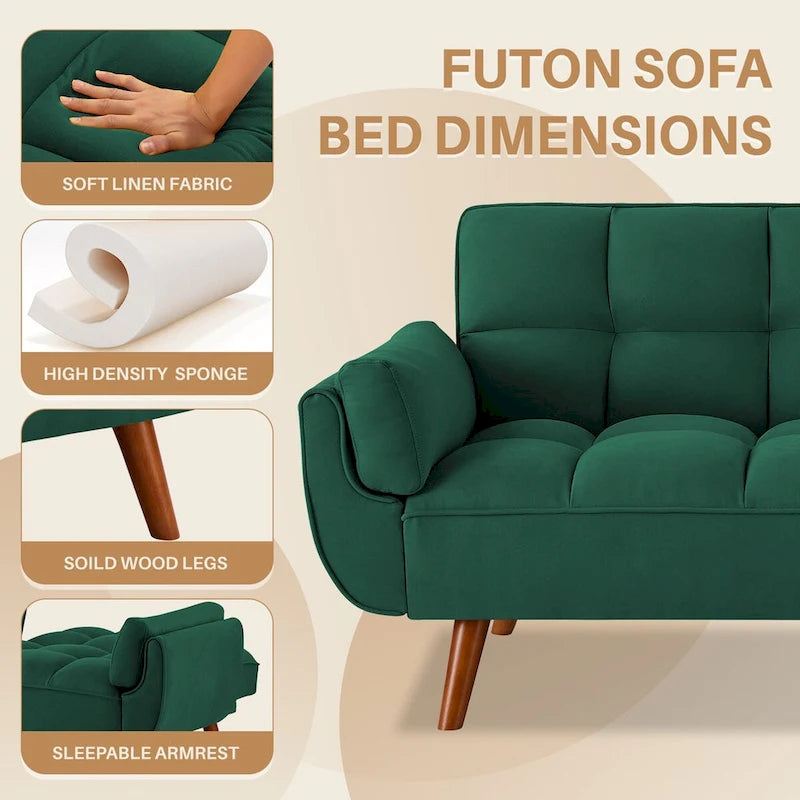 75.39 INCH Futon Sofa Bed, Convertible Folding Futon Couch Recliner Lounge For Living Room With 2 Pillow/Armrest