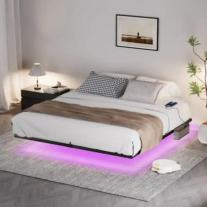 King Size Floating Bed Frame with LED Lights & Charging Station - Metal Platform
