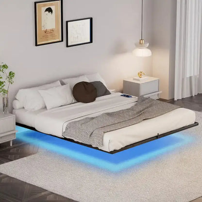 King Size Floating Bed Frame with LED Lights & Charging Station - Metal Platform