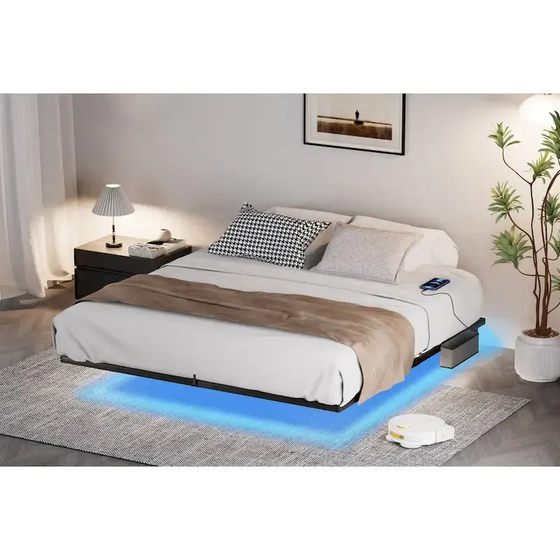 King Size Floating Bed Frame with LED Lights & Charging Station - Metal Platform