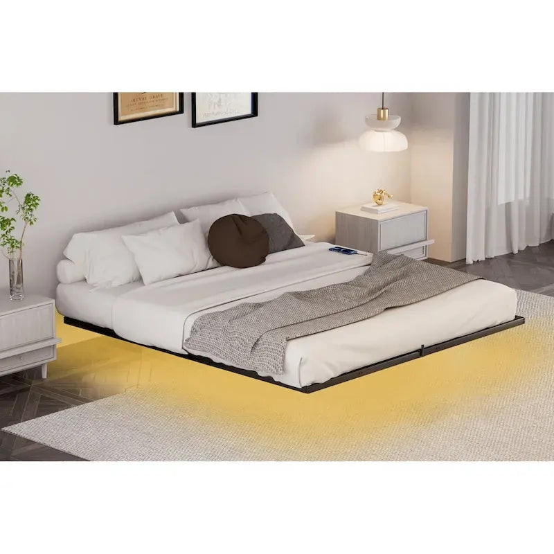 King Size Floating Bed Frame with LED Lights & Charging Station - Metal Platform