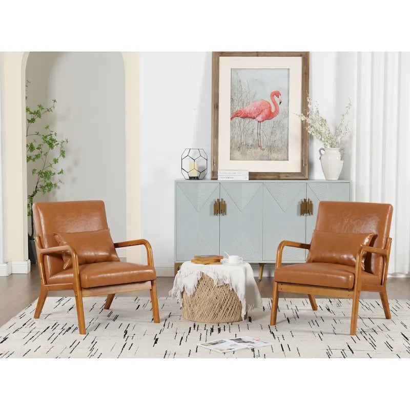 Velvet/leather Upholstered Mid-Century Modern Wood Frame Armchair for Living Room(set of 2)