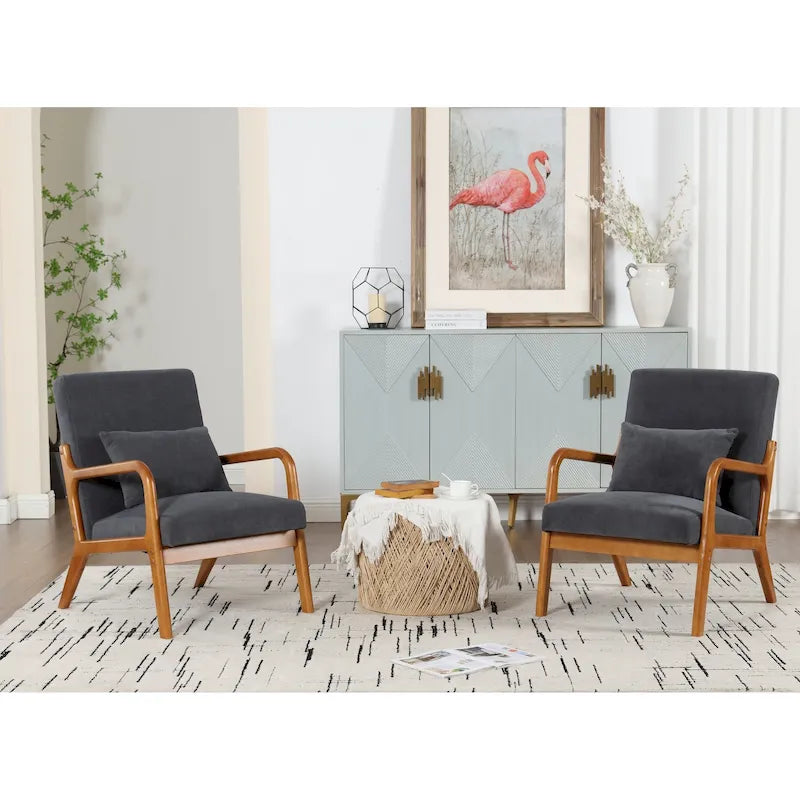 Velvet/leather Upholstered Mid-Century Modern Wood Frame Armchair for Living Room(set of 2)